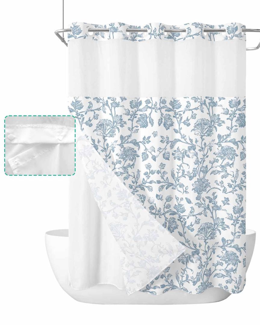 Ksriylm No Hook Fabric Waterproof Dark Blue Floral Shower Curtain, Farmhouse Flower Shower Curtain Liner Set for Bathroom Decor, Chic Cloth Leave Hookless Shower Curtain Set, 71" Wx 74" L