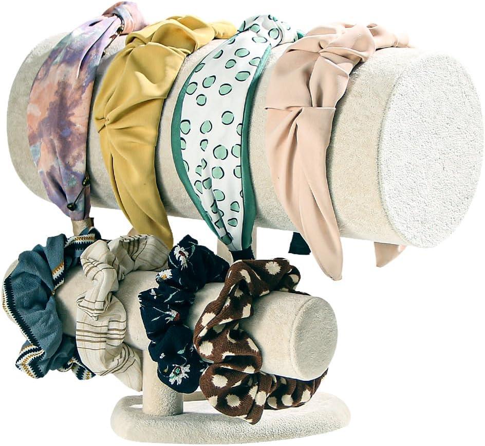 Headband Holder Organizer, Scrunchie Hairband Stand Display, Multi-use Hair Hoop Accessories Bracelet Jewelry Storage for Women Girls (Grey Beige Velvet) (Two Layer Ice Beige Velvet)