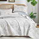 WONGS BEDDING Floral Quilt Set Queen Size, 3 Pieces Botancial Bedspread Coverlet Set, Lightweight White Quilt Bedding Set for Bed,Soft Microfiber Farmhouse Flower Bedding Set for All Season (96"x90")