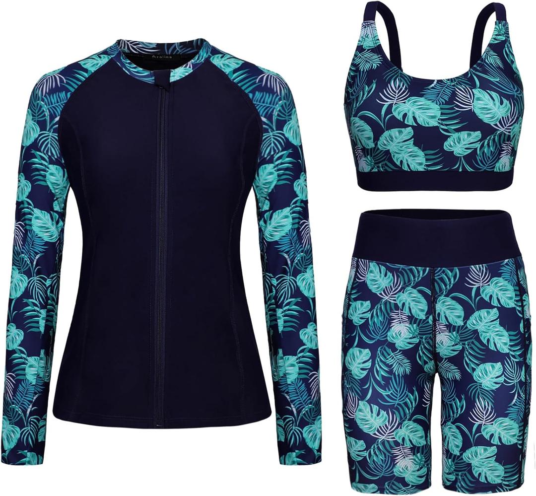 Arolina Womens Rash Guard Long Sleeve Swim Shirts Swimsuit 2025 Bathing Suit with Womens Swim Shorts & Two Pockets (Medium, Blue Navy)