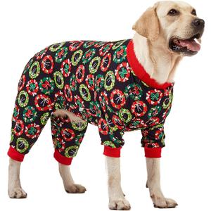 LovinPet Dog Christmas Onesies for Large Dogs, Xmas Holiday Dog Costume,Long Sleeve Lightweight Pullover, Joy Holiday Wreaths Black Prints, Pjs for Dogs, Pitbull Clothes, Christmas Outfit, Medium (Red)