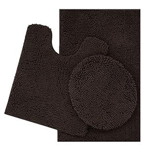 ITSOFT 3pc Non-Slip Shaggy Chenille Bathroom Mat Set, Includes 24 x 21 Inches U-Shaped Contour Toilet Rug, 34 x 21 Inches Bathmat and 1 Toilet Lid Cover, Machine Washable, Chocolate Brown