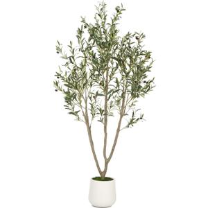Olive Trees Artificial Indoor, 6FT Tall Faux Olive Tree with White Tall Planter, Artificial Plants with Natural Wood Trunk and Lifelike Fruits for Home Office Decor