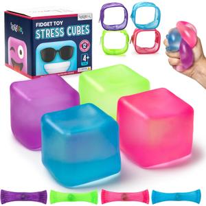4 Pack Stress Cubes Squishy Blocks for All Ages, +8 Bonus Items, Soft Non-Sticky Feel Squish Anti Anxiety Cube Squeeze Ball Satisfying Sensory Fun Fidgets with Thick Substance Filling Squishable Toys