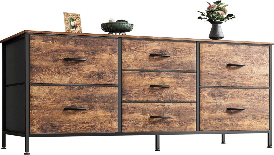 Huuger Dresser with 7 Fabric Drawers, 47 Inch Dresser TV Stand for 43, 50, 55 Inch TV, Metal Frame, for Bedroom, Clothing, Rustic Brown