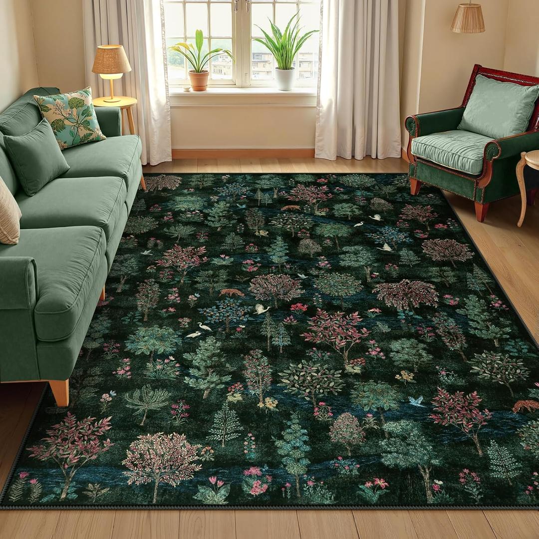 Wonnitar Forest Dark Green Rug for Living Room, Washable 5x7 Area Rugs Ultra-Thin, Boho Soft Non Slip Stain Resistant Woodland Jungle Carpet for Bedroom, Dining Room, Office