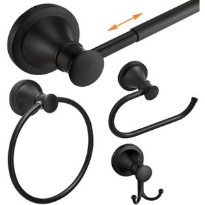 Hoimpro Matte Black 4-Piece Bathroom Bath Set, Wall Mount Bathroom Hardware Fixture (Adjustable Towel Bar Rack, Towel Ring Holder, Paper Towel Holder, Double Towel Hook), Bathroom Accessories