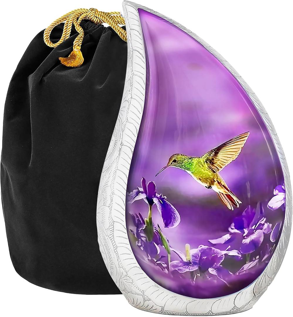 Trupoint Memorials Cremation Urns for Human Ashes Adult Female, Decorative Burial Urn for Men & Women  Large, Purple Hummingbird Teardrop