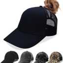 Criss Cross Hat Washed Distressed Baseball Cap Ponytail Hat High Messy Bun Ponycap for Women (One Size, Black)