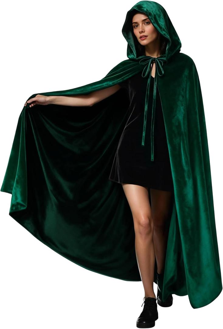 Velvet Hooded Cloak for Adults Full-Length Medieval Cape with Oversized Hood for Halloween Cosplay Gothic Wizard (Green, M)