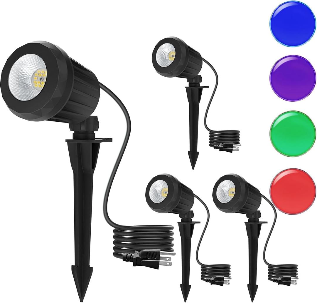 Christmas Spotlight Outdoor, 6500K Cool White LED Landscape Lighting with RGB Purple 4 Multicolor Lenses for Party, IP67 Waterproof,120V Plug-in for Yard Garden Tree Holiday Decor(4 Pack, Black)