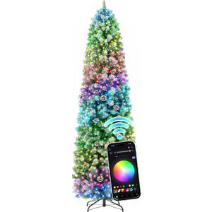 HOLLO STAR 7.5 ft Prelit Christmas Tree with 304 LED Lights, App Control, Slim Pencil Christmas Tree, Multi-Color RGBW Lights, 950 Flocked Frosted Tips, Xmas Tree, 72 Pine Cones, for Home, Party