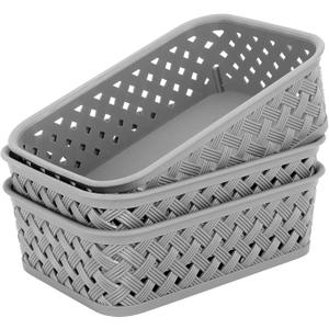 MaxGear Organization and Storage 3 Packs, Plastic Bins Organizer Bins, Woven Baskets for Storage, Plastic Baskets with Handles, Grey Basket for Organizing, Basket Organizer for Home and Office, Small