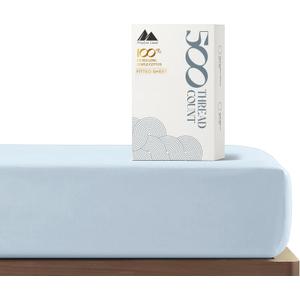 Mayfair Linen 100% Cotton California King Fitted Sheet Only - 500 Thread Count Cal King Sheets Deep Pocket Fitted, Soft Cooling Sateen Weave Elastic Bottom Sheet, Fits Mattress Upto 18"- Light Blue