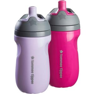 Tommee Tippee Insulated Sportee Bottle, for 12m+, 9oz, Pack of 2 Non-Spill Toddler Water Bottles, Lilac and Plum, with Two-Piece Valve to Help Stop Spills, Bite-Resistant Spout and Easy-Hold Handle
