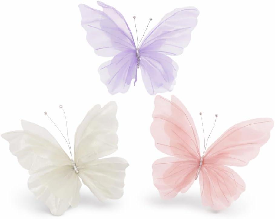 3pcs Giant Organza Butterfly Decorations, 19.6" & 11.8" Mixed Sizes, Gold & Pink Large Artificial 3D Butterflies for Wedding Arch, Princess Birthday Party, Baby Shower Wall Decor.