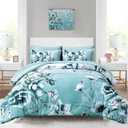 Luxudecor Floral Comforter Set Full Size 7 Piece, Aqua Flower Bed in a Bag, Elegant Gradient Floral Comforter with Sheet Set, Soft Seersucker Microfiber Bedding Set for All Season (Aqua, 80"x90")