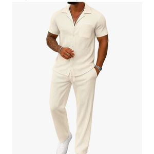 UOUA Mens Summer 1 Piece Set Casual Outfits Button Short Sleeve Shirt & Loose Pants Textured Striped Tracksuit Walking Suits
medium