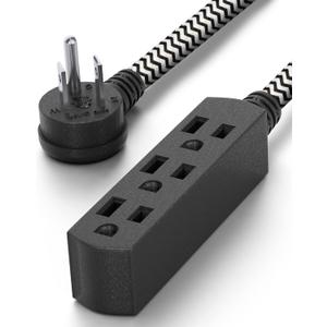 PLUGTUL Flat Plug Extension Cord 1.5 FT, 3 Outlet Braided Black Extension Cord, 16 Gauge 3 Prong Grounded Wire, Home and Office, ETL Listed