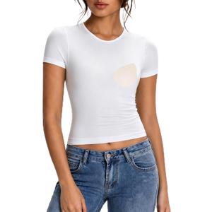 Abonlen Built in Bra T Shirts for Women Short Sleeve Crop Top Y2K Going Out Tops Fitted Basic Tees Workout Shirts(White,Small) (White, S)