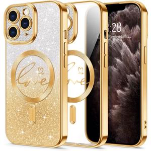 Hython for iPhone 11 Pro Max Case Glitter, Compatible with MagSafe Love Heart Magnetic Clear Phone Cases for Women Girls, Full Camera Protection Sparkle Plating Shockproof Protective Cover, Gold