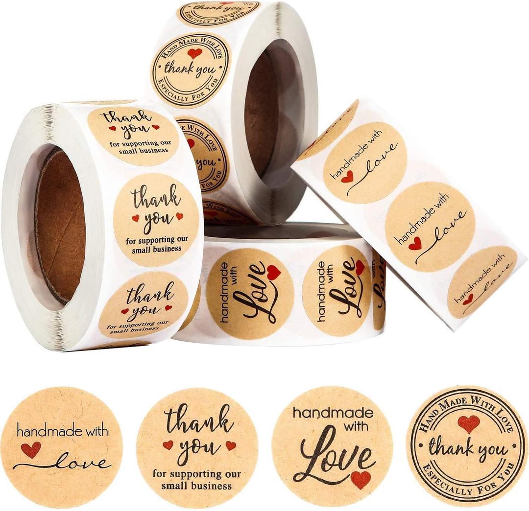 Outus 2000 Pieces Handmade with Love Stickers Roll Thank You Label Kraft Round Adhesive Stickers 4 Rolls, 500 Labels Per Roll for Present Bags Wedding Thanksgiving, 1 Inch