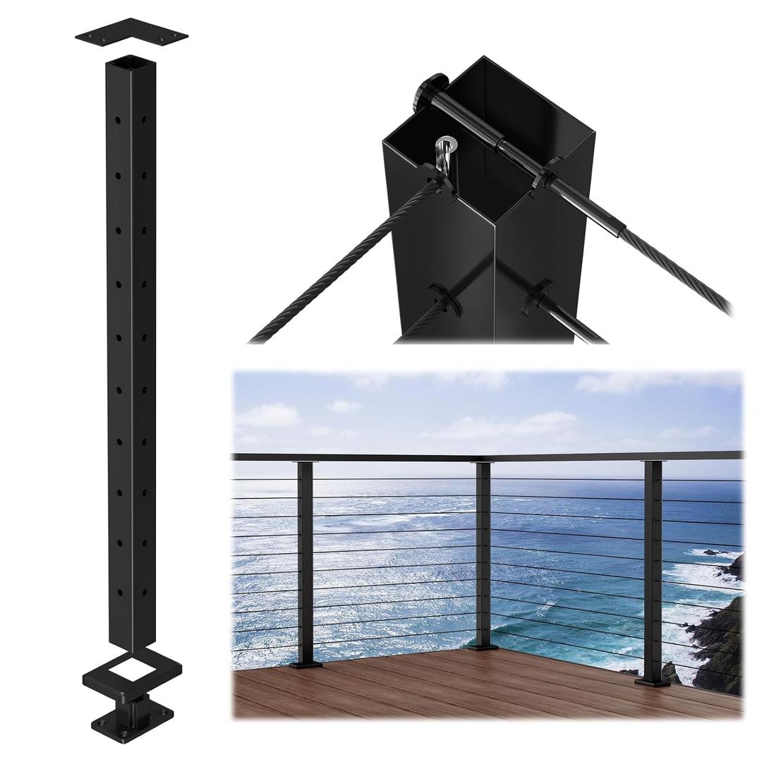 Muzata Aluminum Black Corner Cable Railing Post 36 Inch 36"X2"x2" T-drilled One-Post Corner Solution Surface Mount Cable Railing System Kit Indoor Outdoor Seaside with User Guide PD02 B3AS 36'', Corner post