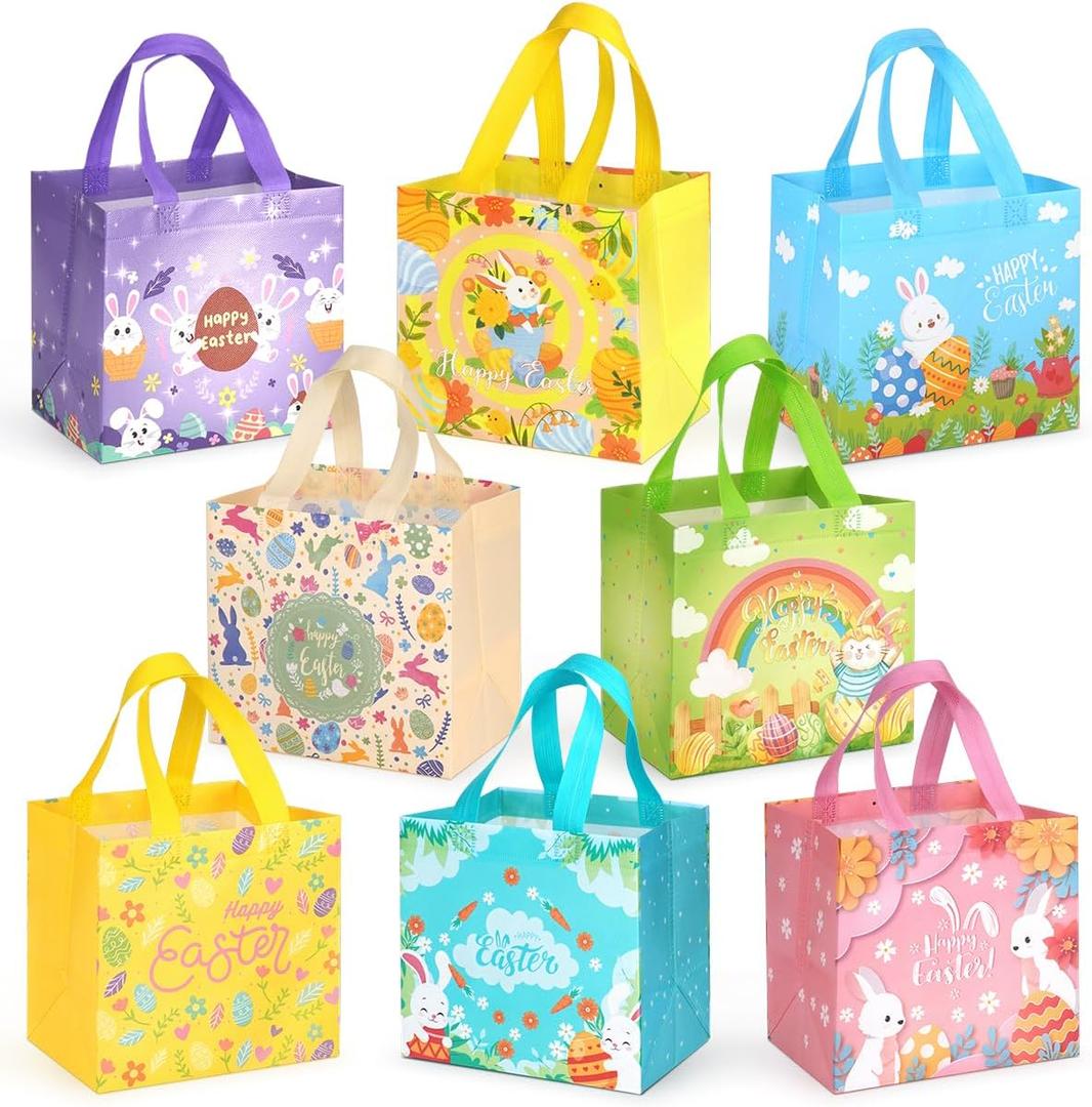 Aviski 8PCS Happy Easter Egg Hunt Bunny Carrot Chick Egg Treat Non-Woven Bags with Handles for Gifts Wrapping, Egg Hunt Game, Party Supplies, 7.9×7.9×5.9inch
