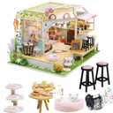 Cat Cafe Wooden Miniature Dollhouse Kit DIY Pet Cat Coffee Shop Building Model Accessories with Furniture LED Light Music Box Birthday (Without Dust Cover)