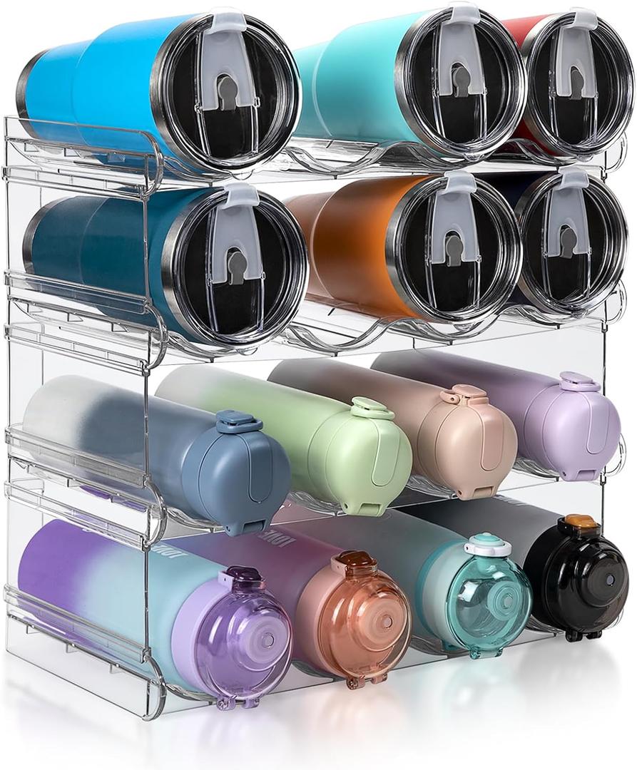 Stackable Water Bottle Organizer, Large Compartment Water Bottle Holder, 4 Tier Clear Water Bottle Organizer for Cabinet, Bottle Rack for Kitchen Organization and Storage - Hold 16 Bottles (4 Pack)