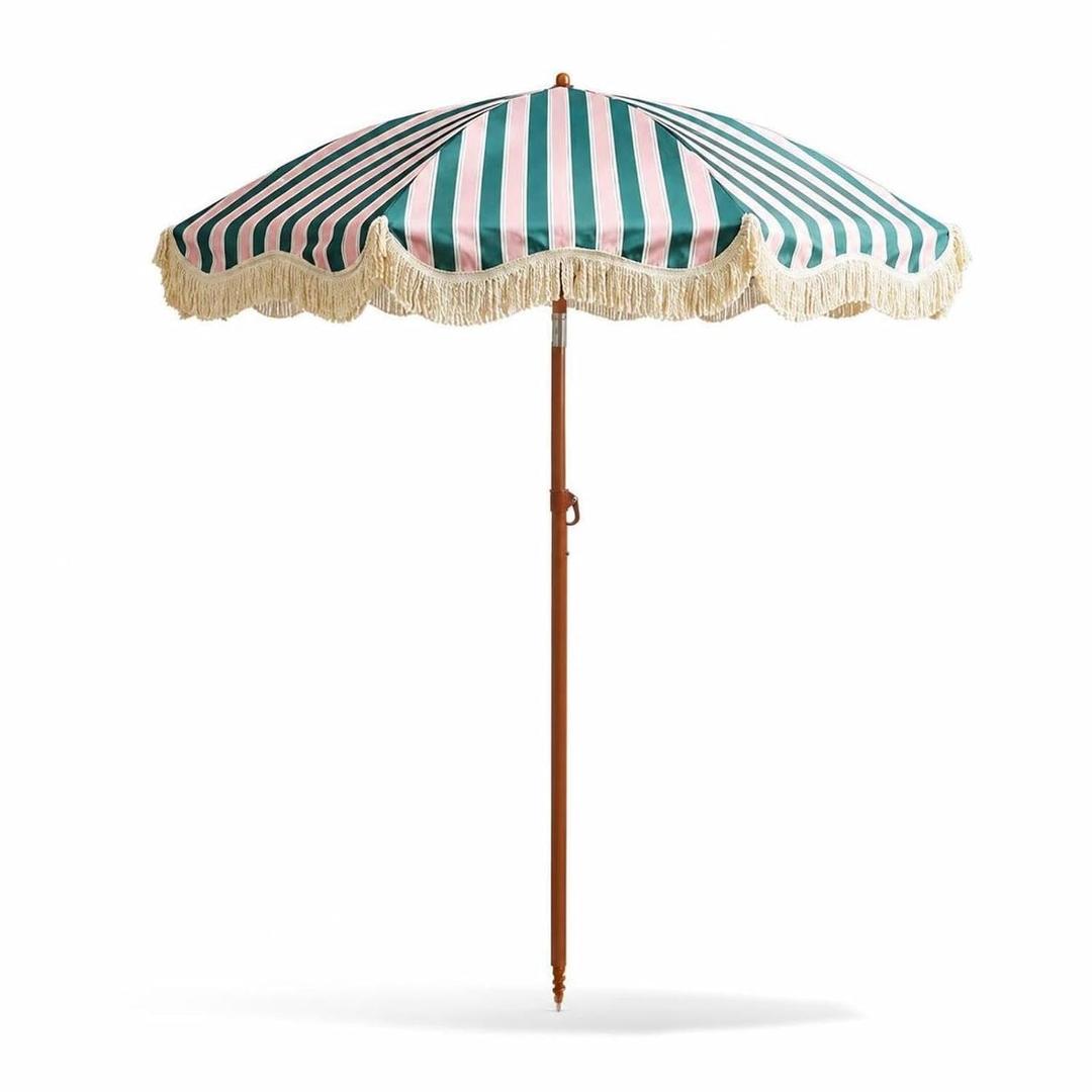 6ft  Striped Patio Umbrella Fringed Parasol with Fringe Resort-Influenced Fringe Umbrella for Beach, Garden, Backyard, 7 ft Height