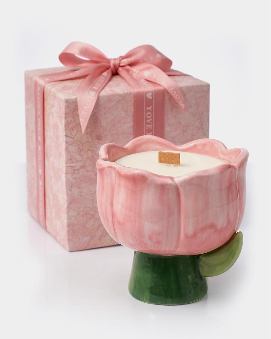 Candles for Home Scented, Jasmine Serenity Flower Gifts, Decorative Soy Aromatherapy with Wooden Wick & Essential Oils, Non Toxic Pink Gift Box for Women