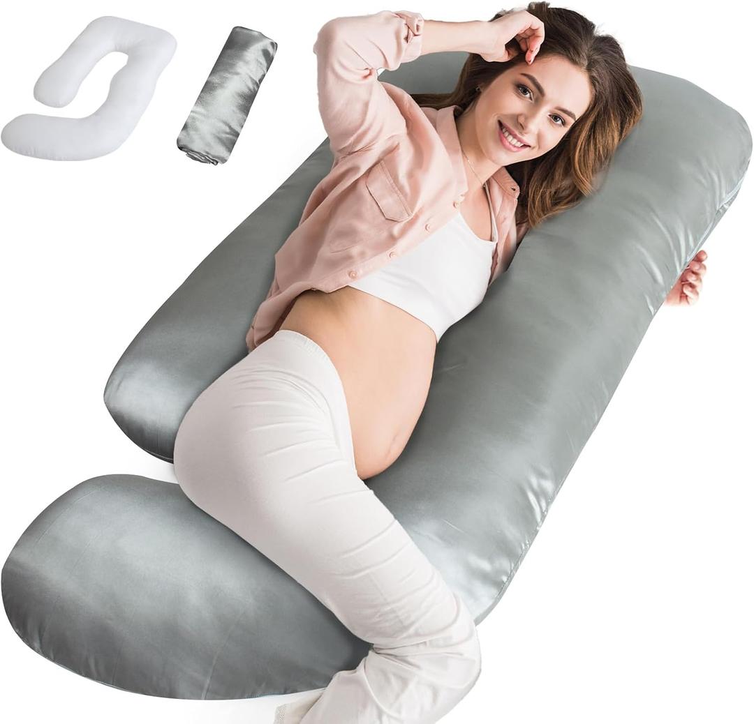 Silky Satin Pregnancy Pillows for Sleeping, Cooling Pregnancy Pillow, U Shaped Full Body Maternity Pillow with Removable Washable Cover, Support for Back, Legs, Belly, Hip for Pregnant Women, Grey