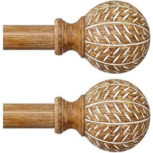 QDWIS 2 Pack Wood Curtain Rods for Windows 48 to 84 Inch,1'' Diameter Drapery Rods with Imitation Wood Grain Leaf Pattern Finials,Boho Adjustable Heavy Duty Curtain Rods Set,36-88'',Color:Natural Wood