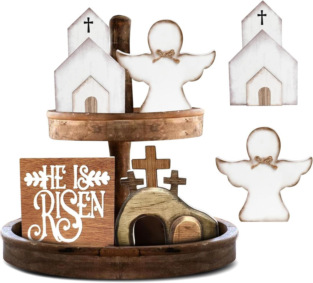 Empty Tomb Easter Scene Tray Bundle Kit Easter Decor with Dove Cross Wooden Signs Tiered Tray for Indoor Home Table Mantle Office