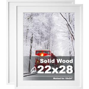 Egofine 22x28 Solid Wood Poster Frames Matted for 18x24 Set of 2 White - with Acrylic Plexiglass Front, Hanging Picture Frames Vertically or Horizontally