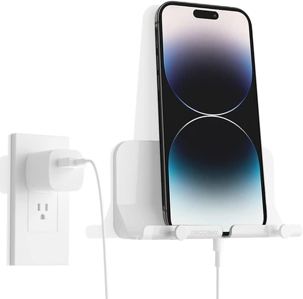 D2 Wall Mount Phone Holder, Hands Free Phone Holder with Adhesive and Data Cable Receiving Hole for Shower, Charging, RV, Compatible with iPhone, Smartphone Cables, Keys and More (White)
