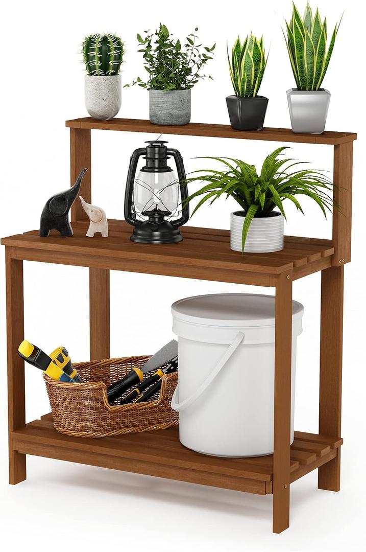 Furinno FG17478 Tioman Outdoor Patio Furniture Hardwood Potting Bench, Natural, 3 Tier
