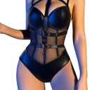 Milumia Lingerie for Women PU Leather One piece Strappy Mesh Teddy Bodysuit (X-Large, Black)