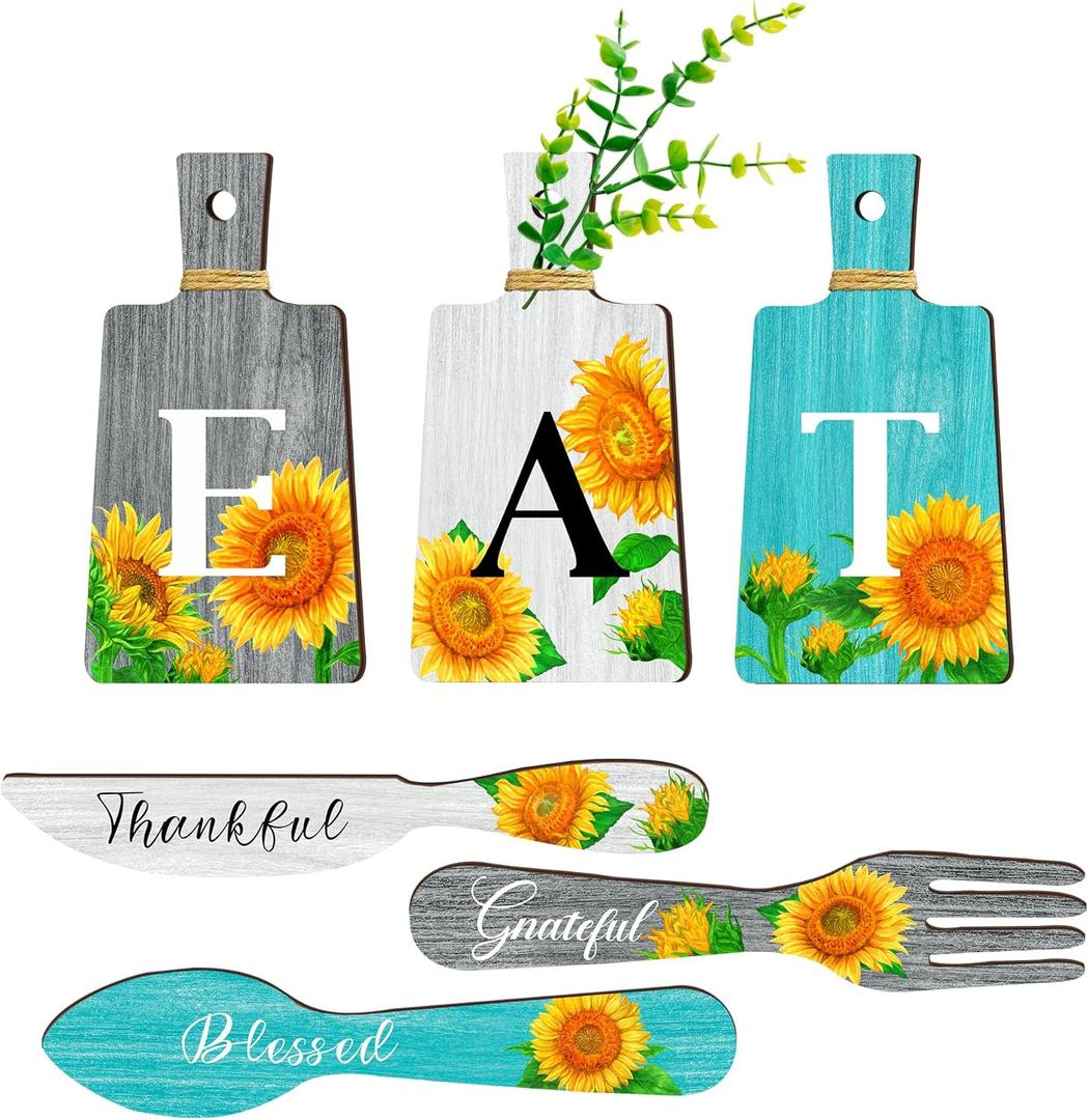 Set of 5 Sunflower Kitchen Decor Eat Sign Fork and Spoons Kitchen Wall Decor Wooden Hanging Plaques Farmhouse Wall Art Home Decor and Accessories