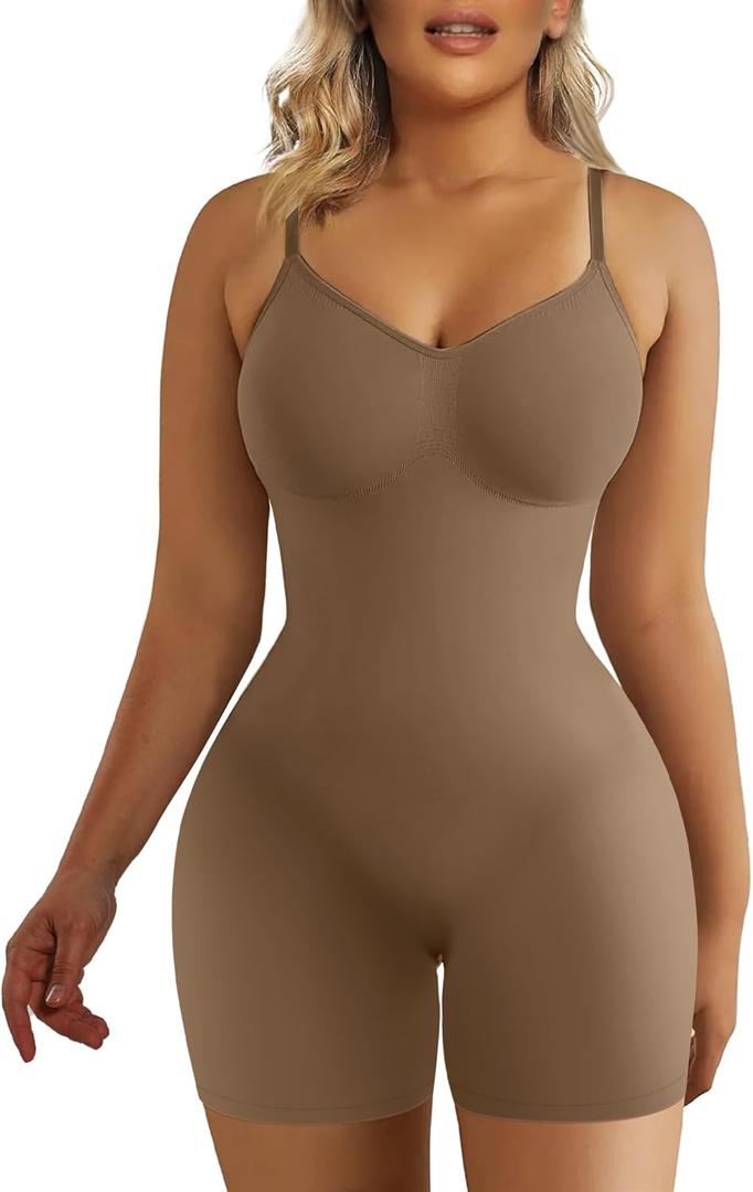 SHAPERX Shapewear for Women Tummy Control Bodysuit Mid Thigh Butt Lifter Body Shaper Shorts (Small-Medium, Brown)
