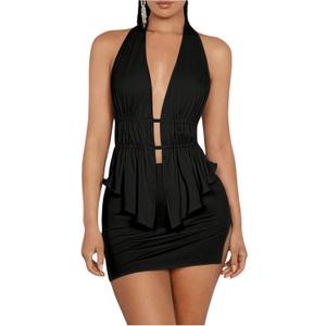 SOLY HUX Women's Sexy 2 Piece Outfits Hollow Out Asymmetrical Halter Top Bodycon Mini Skirt Party Club Sets (Large, Plain Black)