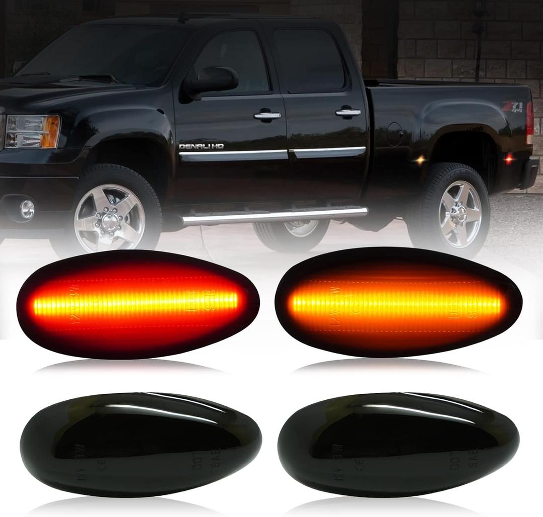 D-Lumina LED Side Marker Lights Assembly for 2001-2014 Chevy Silverado GMC Sierra 2500HD 3500HD Dually Bed Fender - Amber & Red, Smoked Lens Front Rear Lamp, Pack of 4