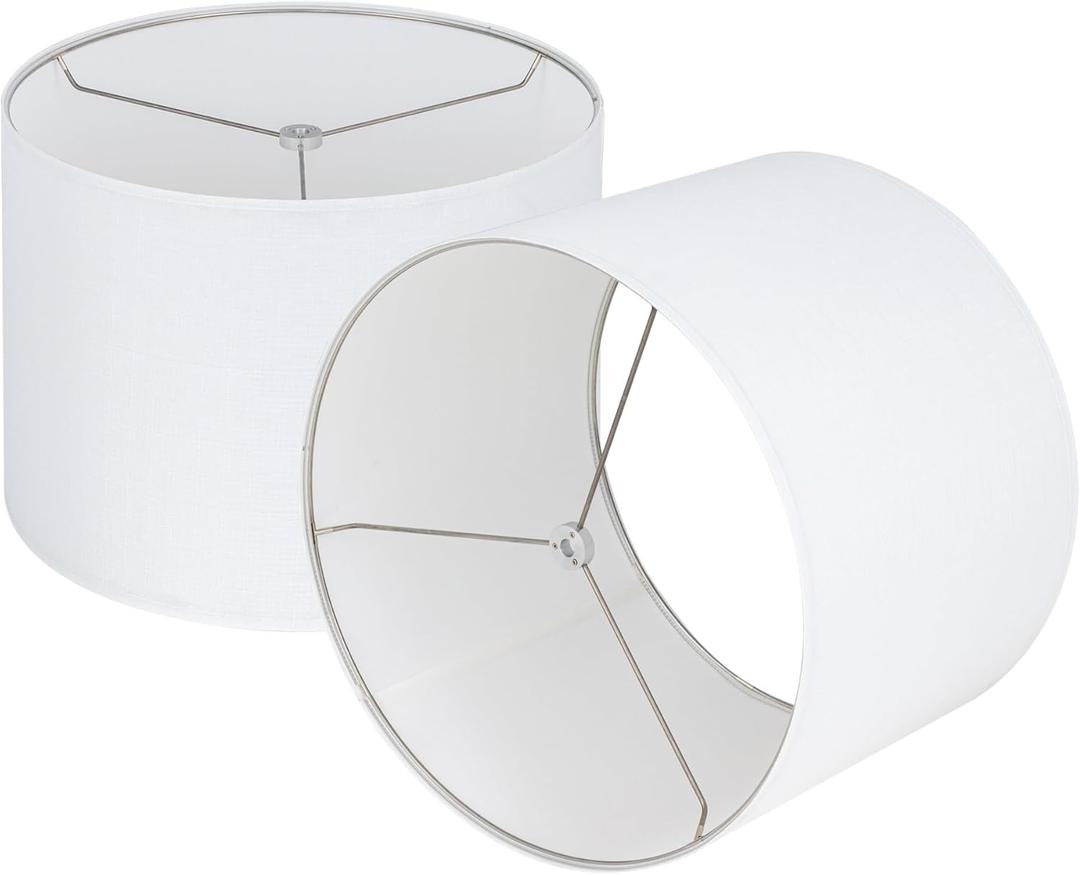 Wellmet White Set of 2 Drum Lampshades, Easy Assembly Required 16" Top x 16" Bottom x 12" High Replacement Lamp Shades, Fabric Lampshades for Table Lamps Floor Lamps, Metal Spider Fitter