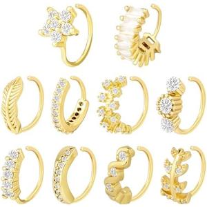 Sumalon Nose Rings Hoops for Women, 10 Pcs Stainless Steel Nose Piercings Paved Gems with Flower Leaves Design for Cartilage Earrings Septum Piercing Jewelry