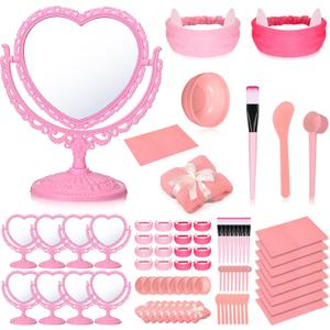 8 Set Spa Party Supplies With Heart Shaped Mirror, Desk Mat, Face Mask Brush, Mixing Bowl, Headband, Facial Towel - Sleepover Party Slumber Night Essentials