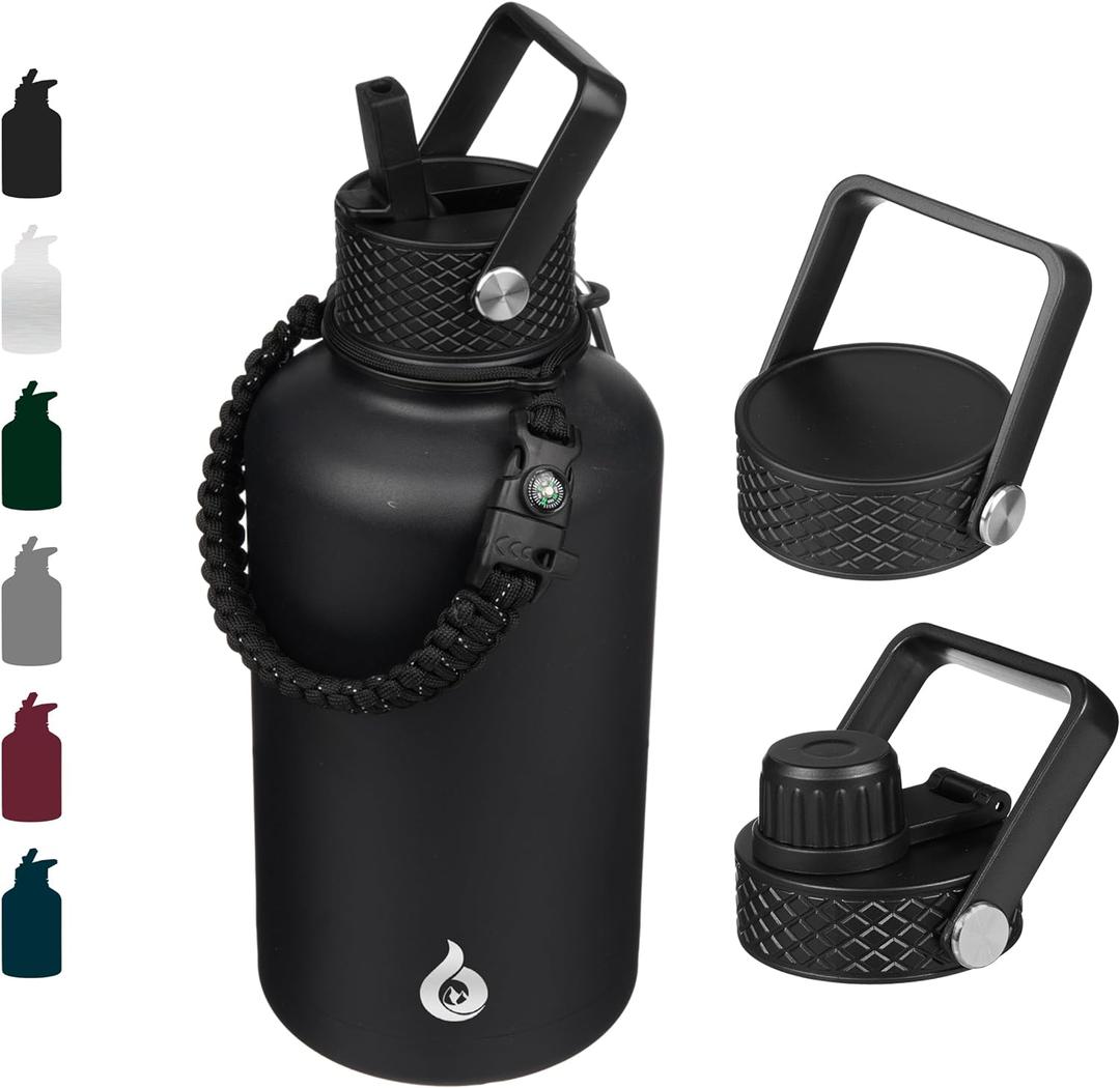 BJPKPK Half Gallon Insulated Water Bottles with Straw Lid, 64oz Large Water Jug, Stainless Steel Bottles with 3 Lids and Paracord Handle, Thermo for Hot & Cold Liquid, Black