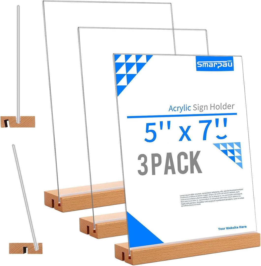 Smarpau 5x7 Acrylic Sign Holder with Wood Base, 3 Pack L/T Shape 2 in 1 Table Sign Stand Vertical or Slant Back Display, Photo Picture Frame, Menu Holder for Restaurant, Office, Store, Wedding