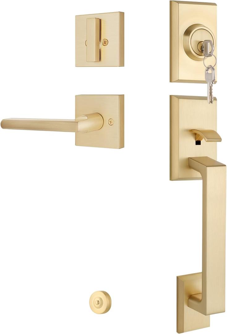 EHOMEWARE Front Door Handle and Deadbolt Set, Satin Brass Gold Exterior Door Lever Handle, Heavy-Duty Door Lock Set