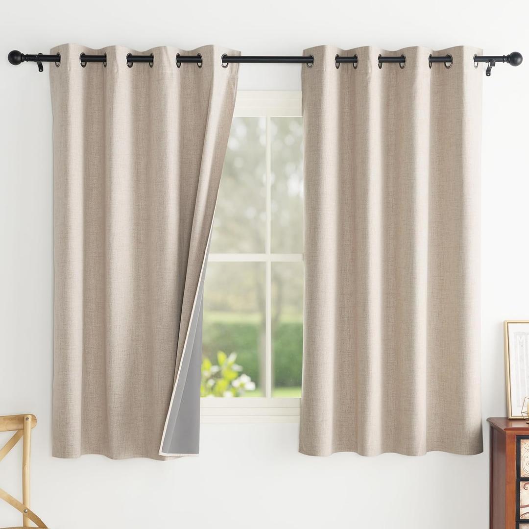 PONY DANCE Black Out Curtains 63 inch Long, 100% Thermal Insulated Grommet Blackout Linen Drapes for Bedroom Living Room, Noise Reducing Window Treatment Drapes, 52" W x 63" L, Beige/Ivory, 2 Panels